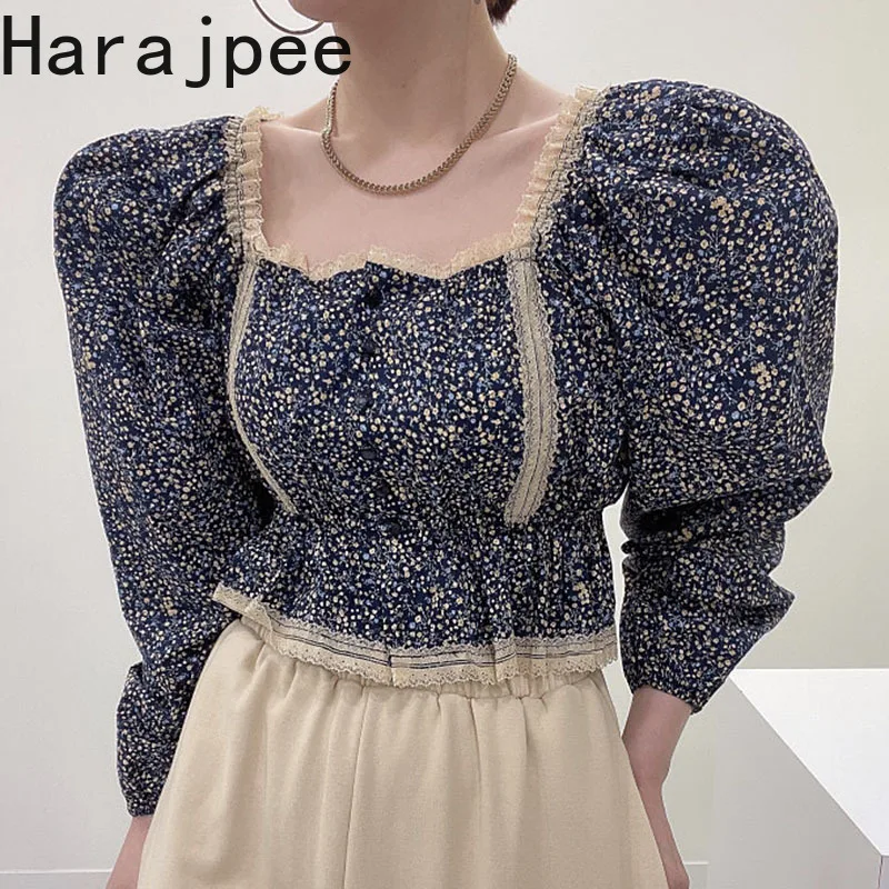 

Harajpee Square Collar Shirt Vintage Palace Style Lace Patchwork Puff Sleeve Slim Waist Korean Chic Spring New Women Short Tops