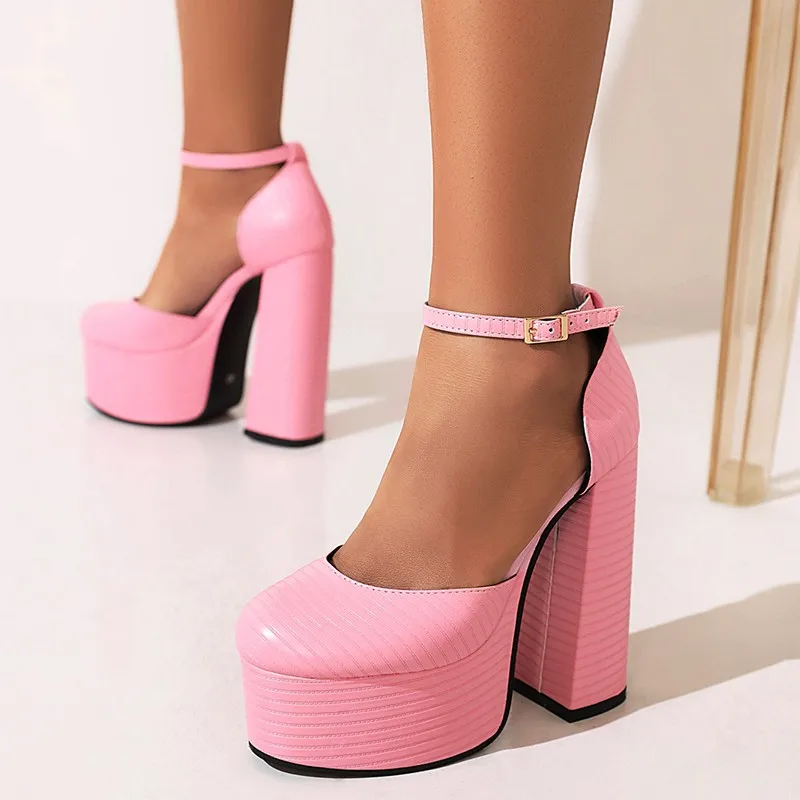 

2022 New Women Shoes Green Pink Blue Pu Leather Cover Heel Ankle Buckle Strap Thick Platform Super High Heel Pumps Size 44 45 46