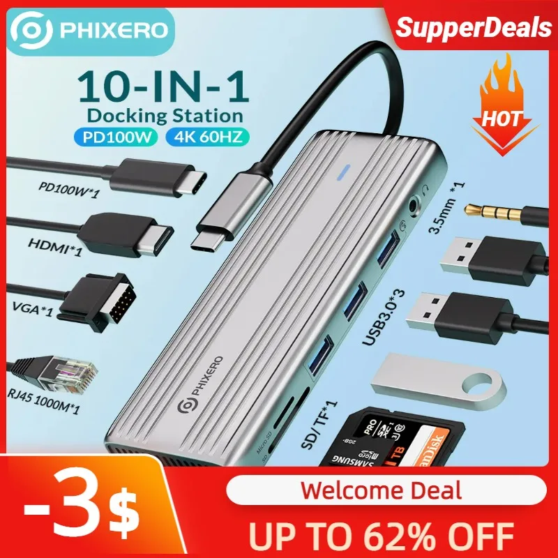 99% OFF Док-станция PHIXERO Type C HUB для 4K 60Hz HDMI Совместимость USB 3.0 Adapapter RJ45 PD100W Зарядка для Macbook Pro Аксессуары для ПК