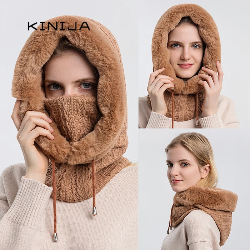 Winter Fur Cap Mask Set Hooded for Women Knitted Cashmere Neck Warm Balaclava Ski Windproof Hat Thick Plush Fluffy Beanies hood