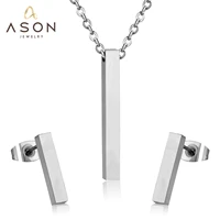 asonsteel silver color jewelry set stainless steel vertical bar pendant necklace for womenmen anniversary gift fashion earrings