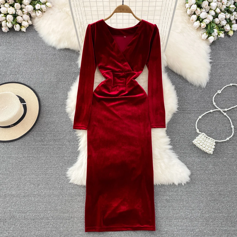 

Женское бархатное платье в стиле ретро, легкое платье с длинным рукавом и круглым вырезом, приталенное платье на осень и зиму