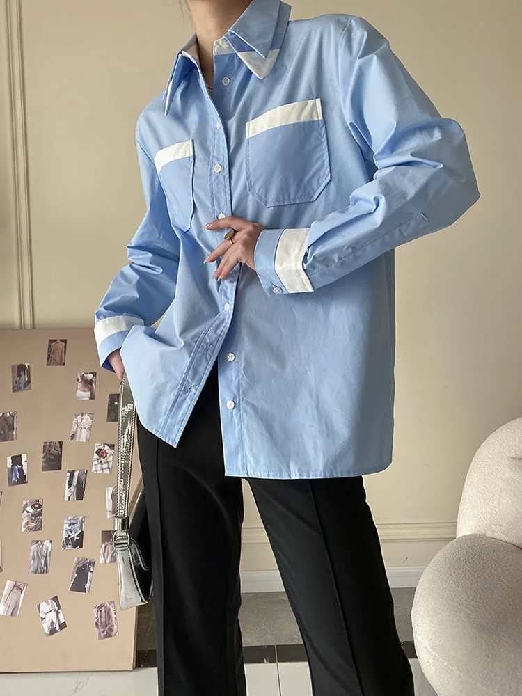 

Women Blue Color-block Big Size Blouse New Lapel Long Sleeve Loose Fit Shirt Fashion Tide Spring Autumn 2022 C417