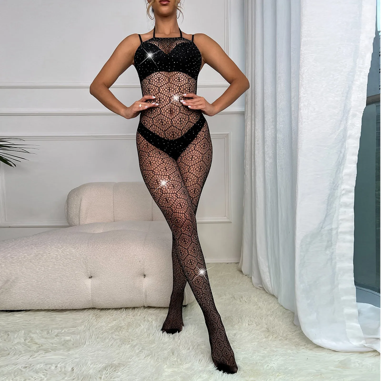 

Women Sexy Perspective Hollowed Out Mesh Bodysuit Body Stocking Tight Fitting Jumpsuit Shiny Diamond Lingerie Suit Underwear