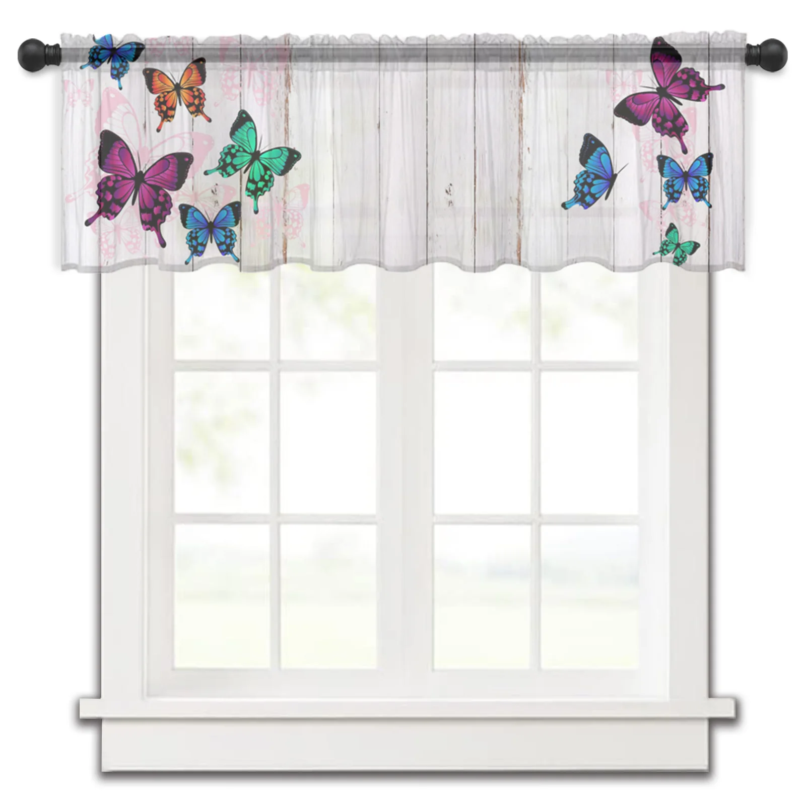 

Wood Grain Retro Butterfly Color Kitchen Small Curtain Tulle Sheer Short Curtain Bedroom Living Room Home Decor Voile Drapes