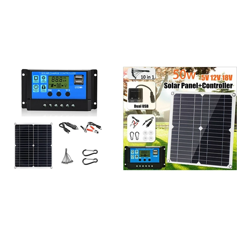 

50W Solar Panel 18V Solar Cells Bank Connector Cover With Solar Controller IP65 For Phone Car RV Boat Charger