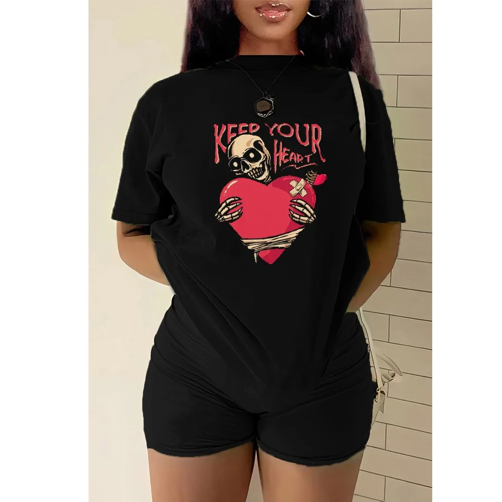 

HLJ Fashion Print Women Tracksuit Casual Sporty 2 Piece Set Outfits Short Sleeve Loose Tshirt + Skinny Shorts Street Active Wear