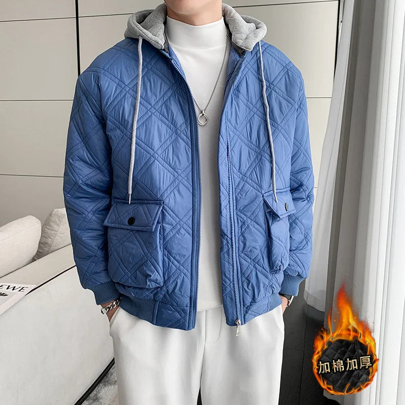 Winter Jacket Men Warm Fashion Plaid Thickened Hooded Jacket Men Streetwear Korean Slim Thick Short Coat Mens Parker Clothes