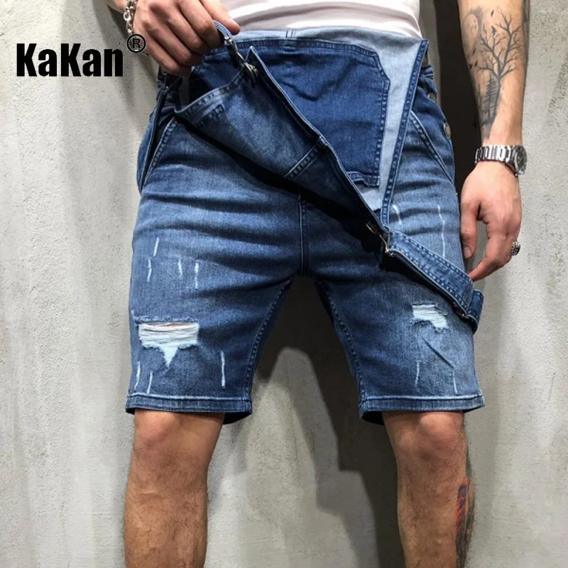 Kakan - European and American New Strap Denim Shorts for Men, Youth Popular Wear Out Black Strap Short Jumpsuit K34-329