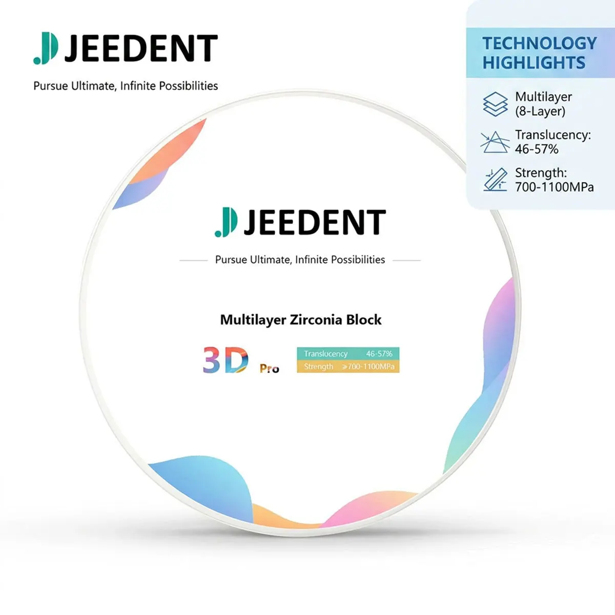 Фото JEEDENT 3DPRO 8-слойный многослойный циркониевый диск 98 мм для реставрации передних и задних коронок и мостов, 700-1100 МПа, 46-57% содержание циркония, лабораторный блок №2