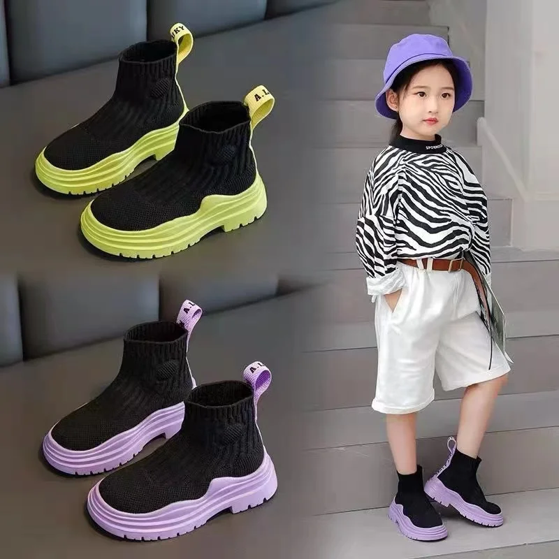 

Boy/Girls shoes socks shoes 2022 spring high-top boots breathable mesh flying knitting shoes children's sports all-match boots