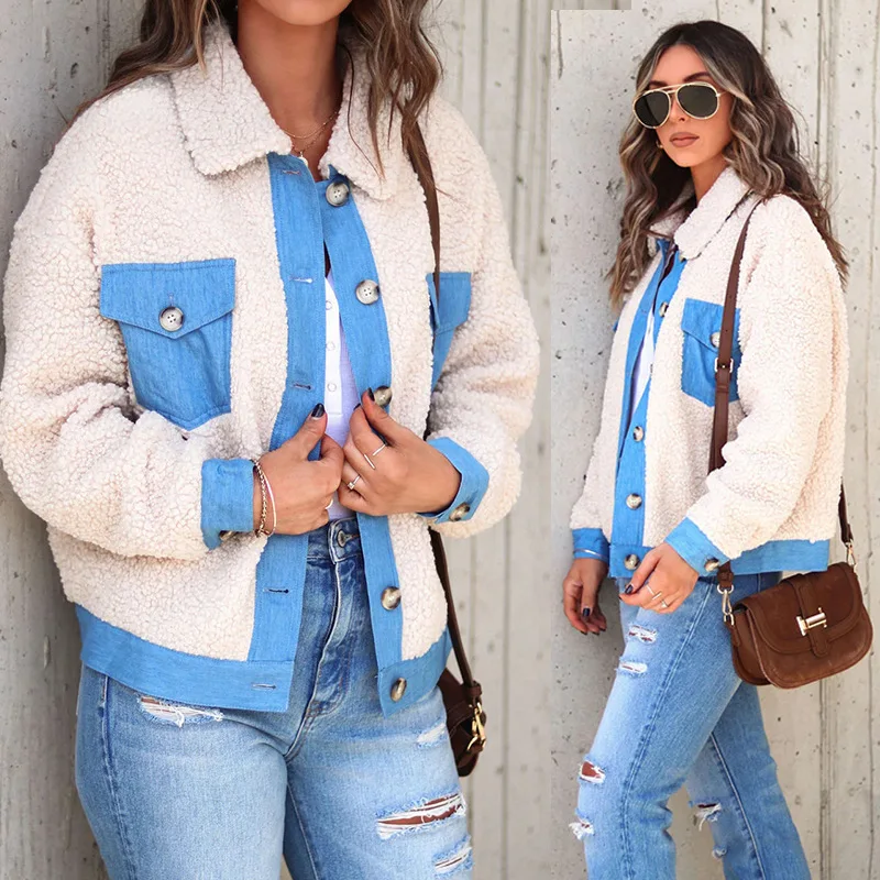 

2023 Winter Lamb Wool Coat Women Panel Jacket Fleece Plush Denim Long-sleeved Coat Jackets for Women