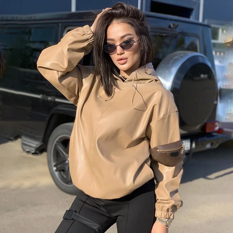 

Faux Leather Hooded Women Streetwear Casual Winter Solid Vintage Sweatshirt 2021 Drawstring Hoodies Coat Pullover Top Trendy
