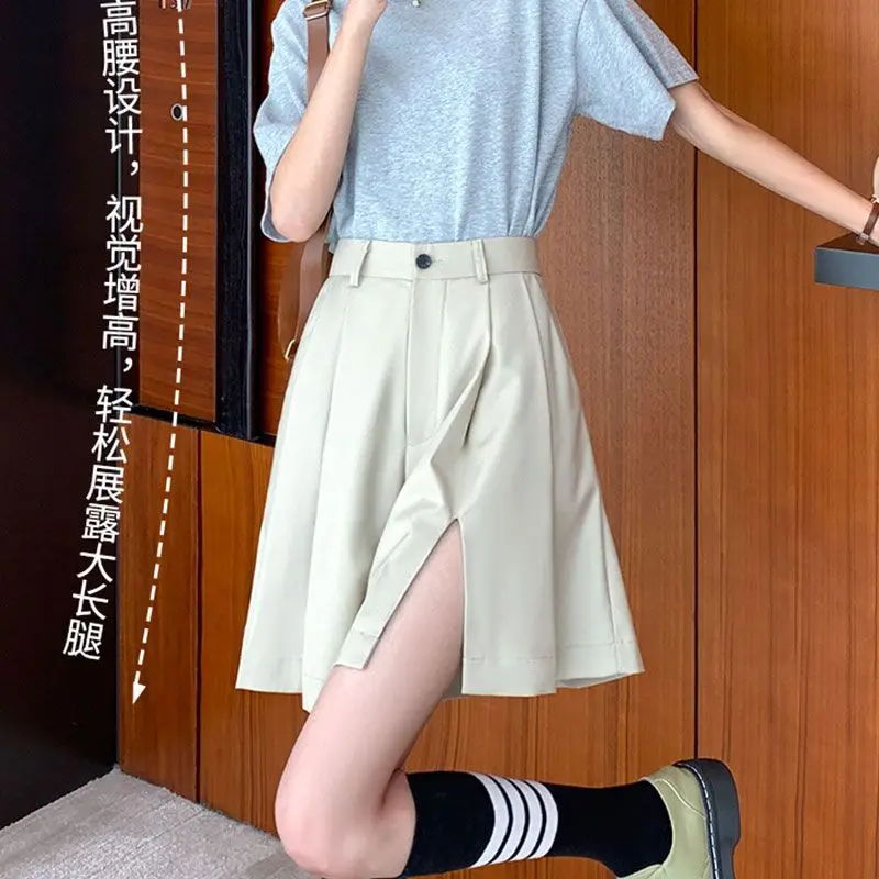 High Quality Shorts Women Wide Leg Casual Side Slit Baggy High Waist Solid All-Match Summer Design Trousers Aesthetic Fashion