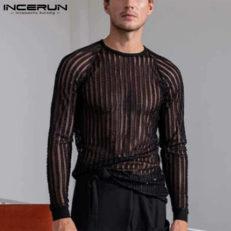 

INCERUN Fashion Men T Shirt Mesh Striped O-neck Long Sleeve Sexy See Through Men Clothing 2022 Streetwear Casual Camisetas S-5XL