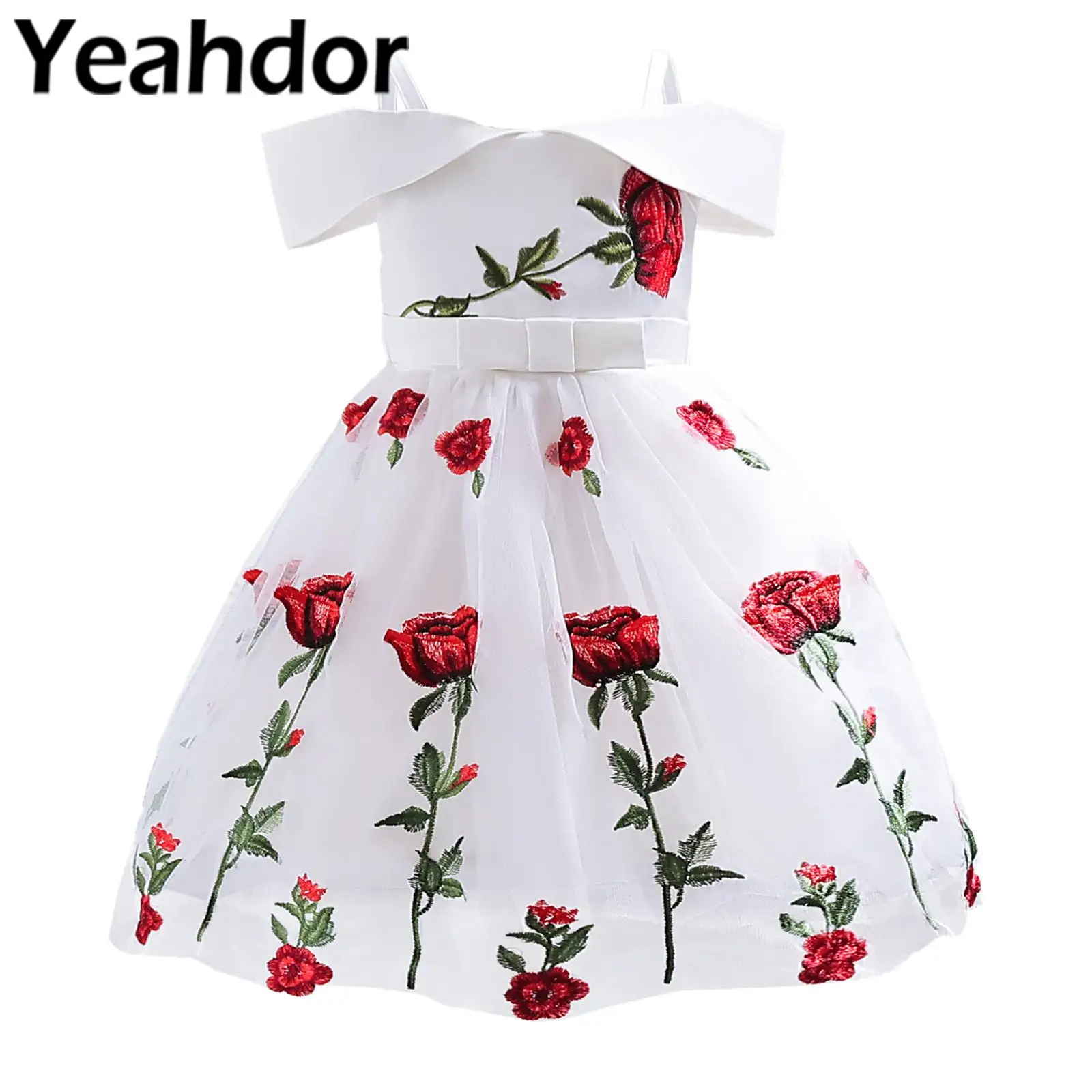 

Kids Girls Vintage Embroidery Gown Off-Shoulder Fluffy Tulle Hem Tutu Princess Dress for Pageant Wedding Birthday Party Vestidos