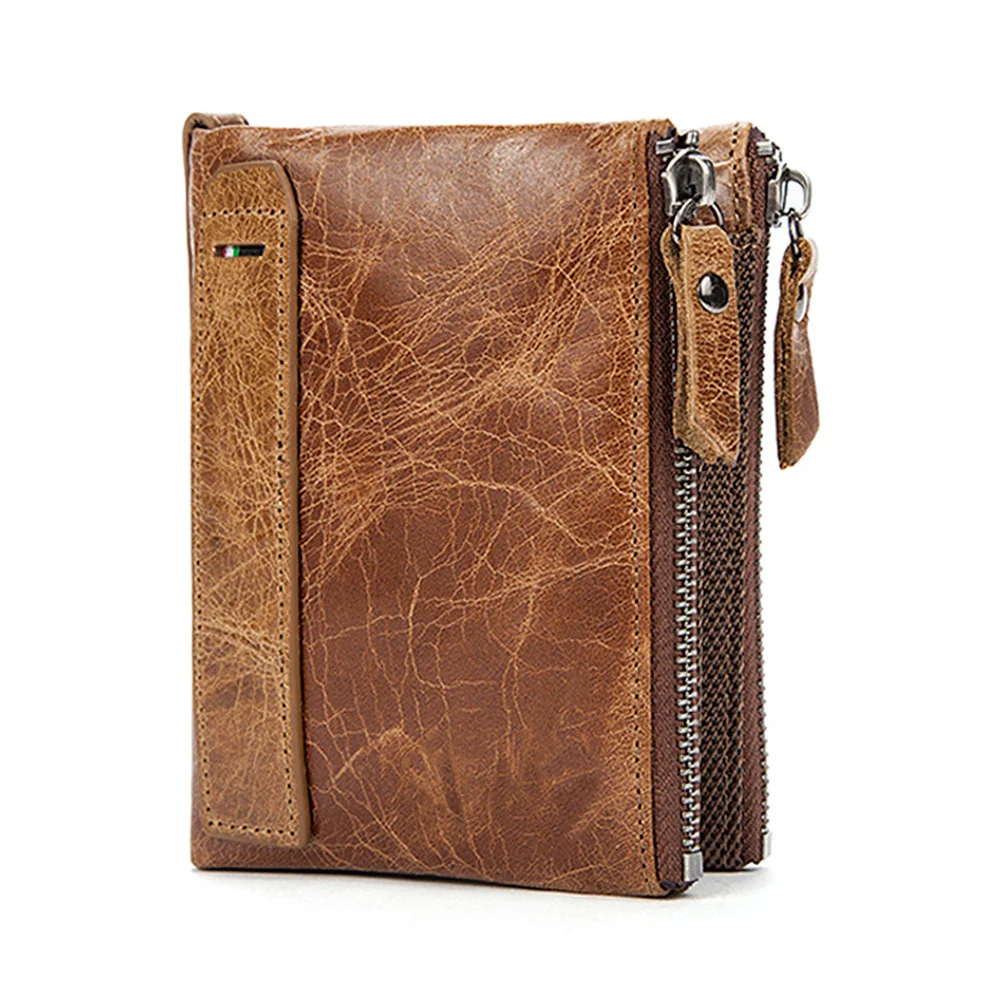 

Crazy Horse Men Wallets Short Credit Business Card Holders Double Zipper Cowhide Leather Wallet Purse Carteira