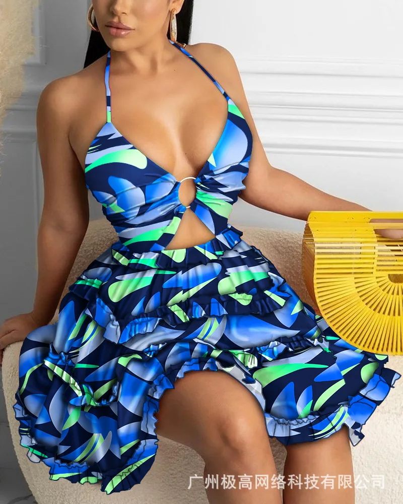 

Sexy Deep V Neck Suspender Dresses for Women 2022 Summer New Fashion Sleeveless Slim Blue Printing Mini Dress