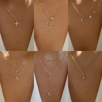 boho sparkling crystal star moon pendant necklace women 2022 vintage simple gold metal charm necklaces girls fashion jewelry