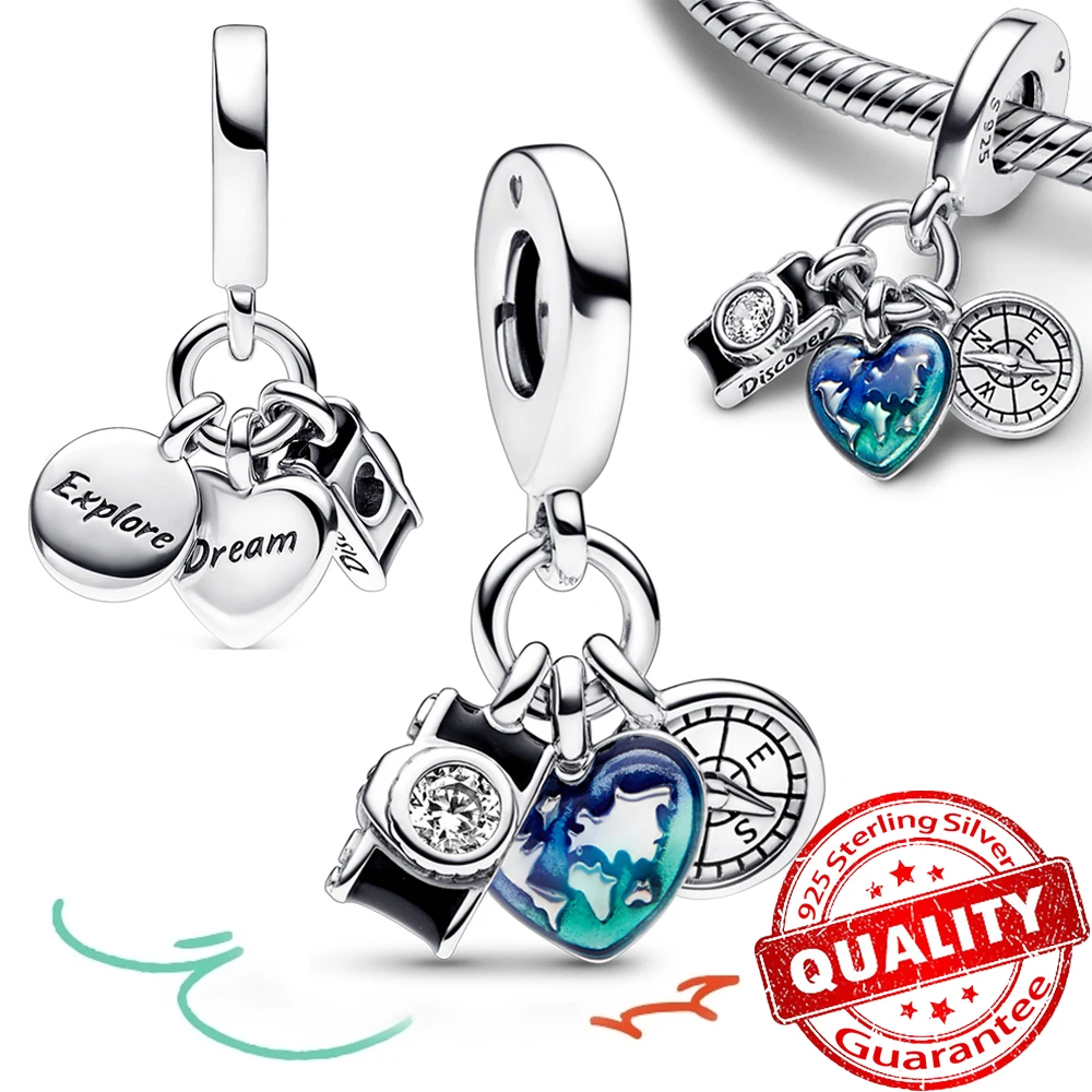 

New 925 Sterling Silver Camera Globe&Compass Dangle Charm Pendant Fit Original Pandora Bracelet Charms Jewelry Gift