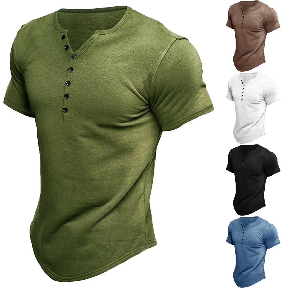

Cotton Henley Shirt Mens Solid Button Short Sleeve V-neck T-shirt Loose Casual Tops Male Vintage T-Shirts Dress Tops Tees
