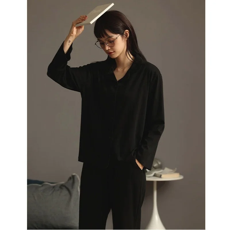 QWEEK Women's Long Sleeve Top Couple Pajamas Solid Color Black Two Piece Set Pijamas Trouser Suits Spring Homewear Home Clothes