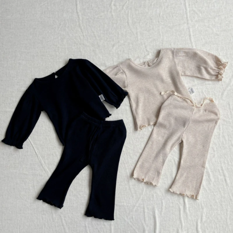 

Корейский Осенний спортивный костюм для маленьких девочек с вафельным рисунком, детские топы с оборками + брюки с широким подолом, повседневные штаны, комплект из 2 предметов для новорожденных