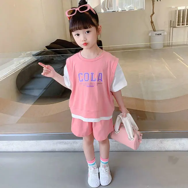 Cotton girls' short sleeved suit summer new imitation two-piece set western style medium and large children's two-piece set