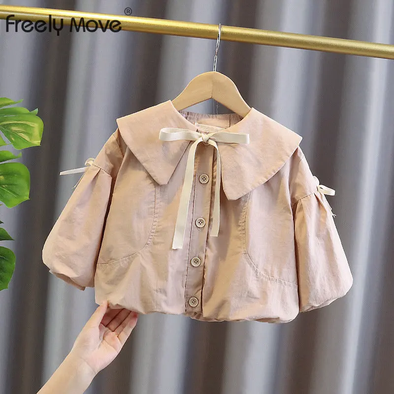 

Freely Move 2022 Girls Coat New Children's Autumn Solid Bowknot Lapel Windbreaker Korean Style Baby Girls Cotton Casual Jackets