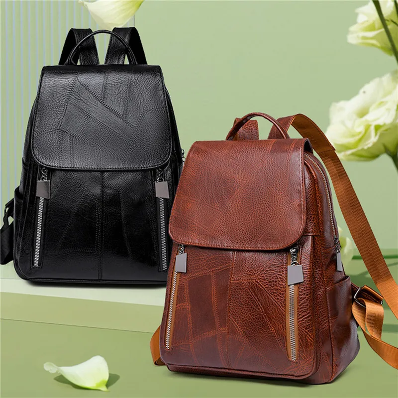 

New Ladies High Quality Bags Women Backpacks Simple PU Leather Solid Metal Zipper Female Backpack