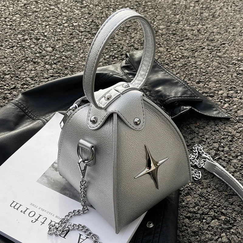 

Summer Y2k Leather Handbags for Women Silver Rivets Designer Fashion Shoulder Bag Chains Small Ladies Brand Crossbody Bag
