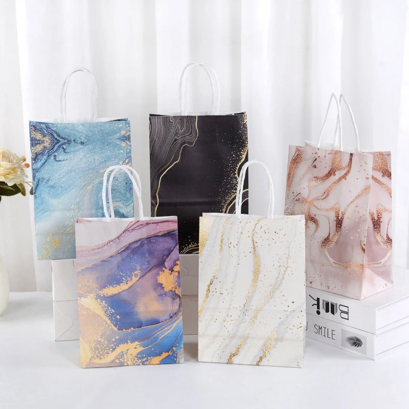 

5pcs Marble Design Printing Kraft Paper Bag Twist Paper Handle Bag Wedding Favor Gift Packaging Birthday Party Festival Supplies