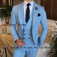 sky blue blazer pants vest 3 piece mens wedding tuxedo formal dress fashion jacket pants set conjuntos de blazer