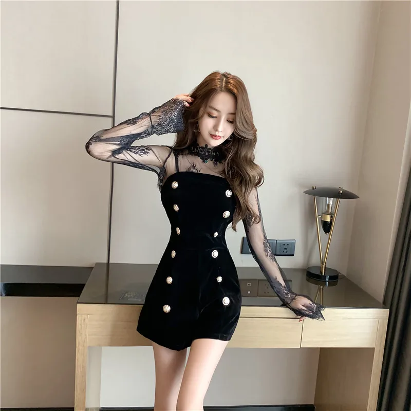 Women Playsuits Sets Sexy Perspective Long Sleeve O-neck Lace Shirt + Double Breasted Velour Sling Rompers Suits