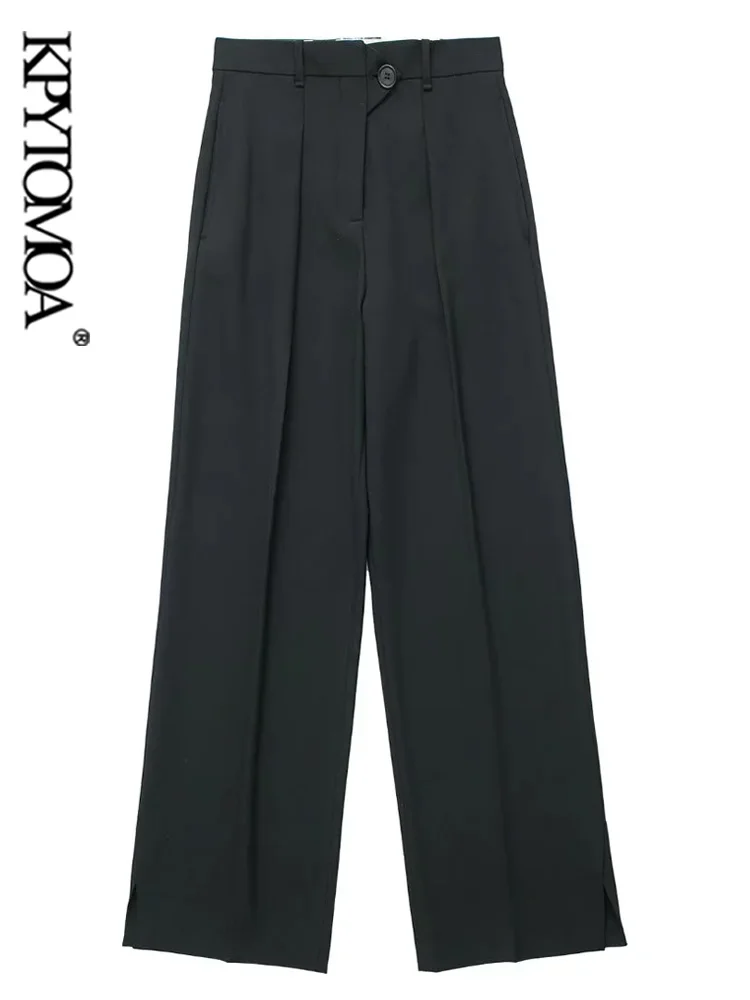 

KPYTOMOA Women Fashion Side Pockets Front Darted Wide Leg Pants Vintage High Waist Zipper Fly Split Hem Female Trousers Mujer