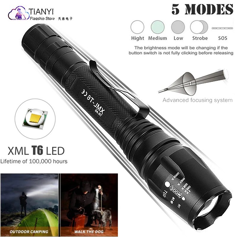 

Super bright T6 strong light flashlight adjustable focus spotlight rechargeable outdoor lighting torch aluminum alloy
