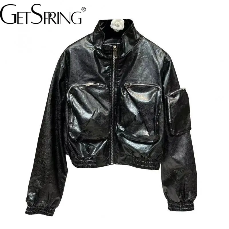 

Getspring женское кожаное пальто, черные женские кожаные куртки и пальто с воротником-стойкой, винтажные Модные женские Куртки из искусственной...