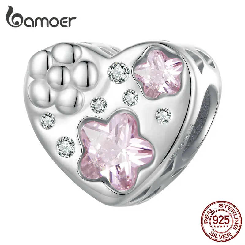 

Женский браслет и браслет Bamoer, браслет в форме сердца из стерлингового серебра 925 пробы с розовым цирконием, ювелирное изделие SCC2448