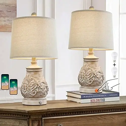 

Farmhouse Vintage Table Lamps for Living Room Traditional Carved Floral Bedside Lamps for Bedroom Rustic Night Light Lamps Washe