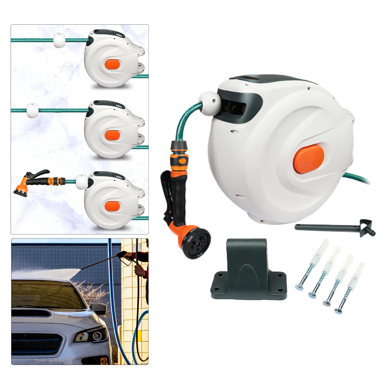 10/20m Automatic Rewind Hose Reel with 7 Pattern Hose Nozzle Water Hose Reel Slow Return System for Car Garden