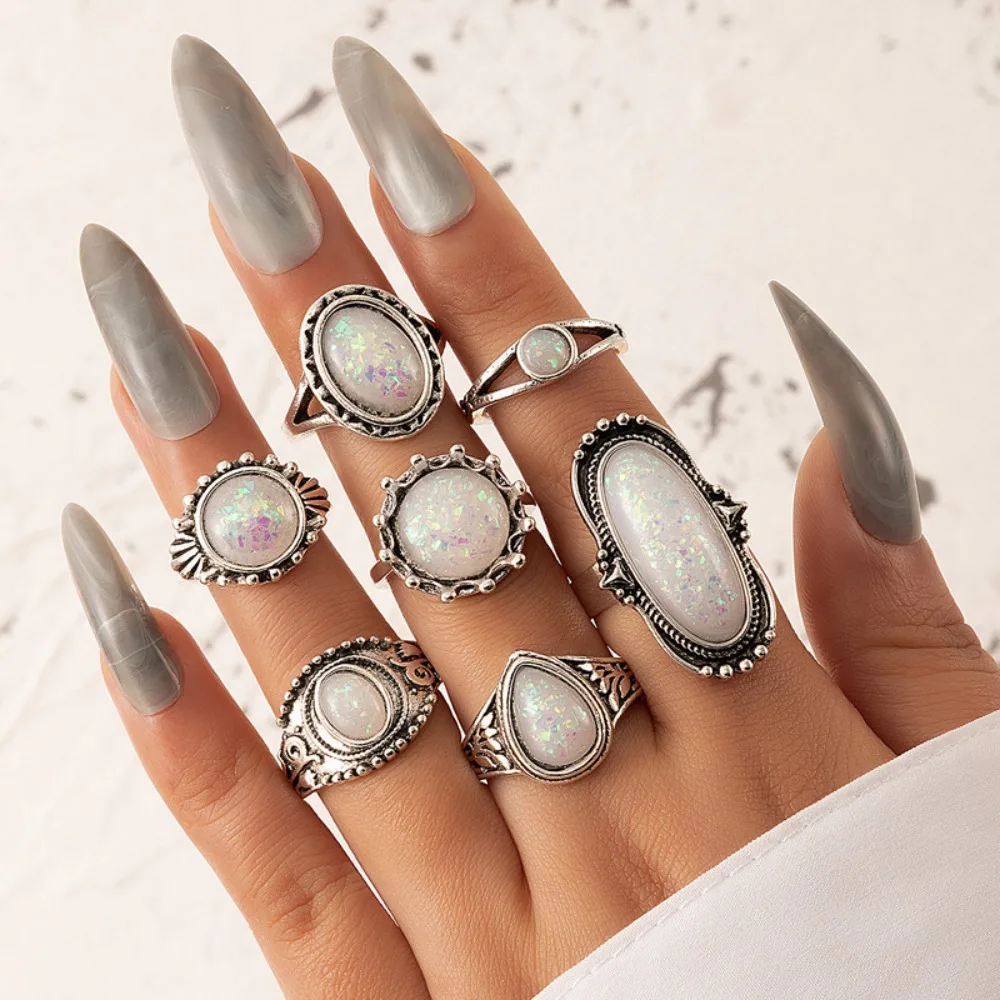 

8pcs/Set Imitation Turquoise Stone Rings for Women Vintage Antique Silver Color Geometric Metal Ring Set Jewelry Anillos