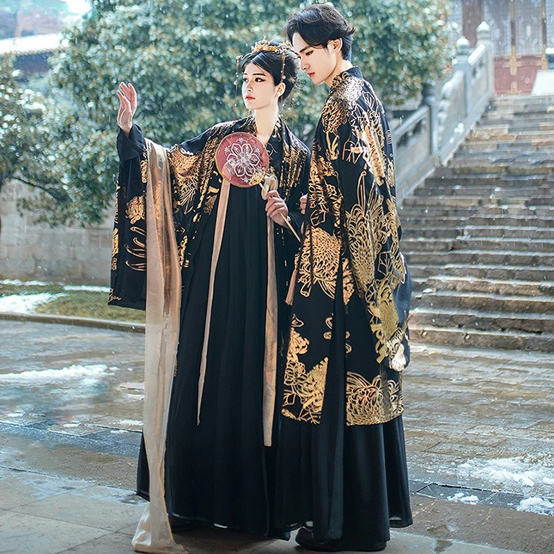 

Ancient Chinese Traditional Dress Black Hanfu Sets Paired Clothing for Couple Halloween Cosplay Costume Oriental Dance Men Women