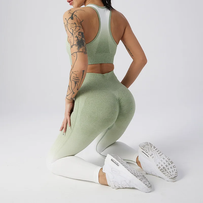 2023 Summer Yoga Set Crop Top Women Leggings Workout 2 Piece Outfits Gradient Color Sport Bra Gym Set Fitness Female Tracksuit