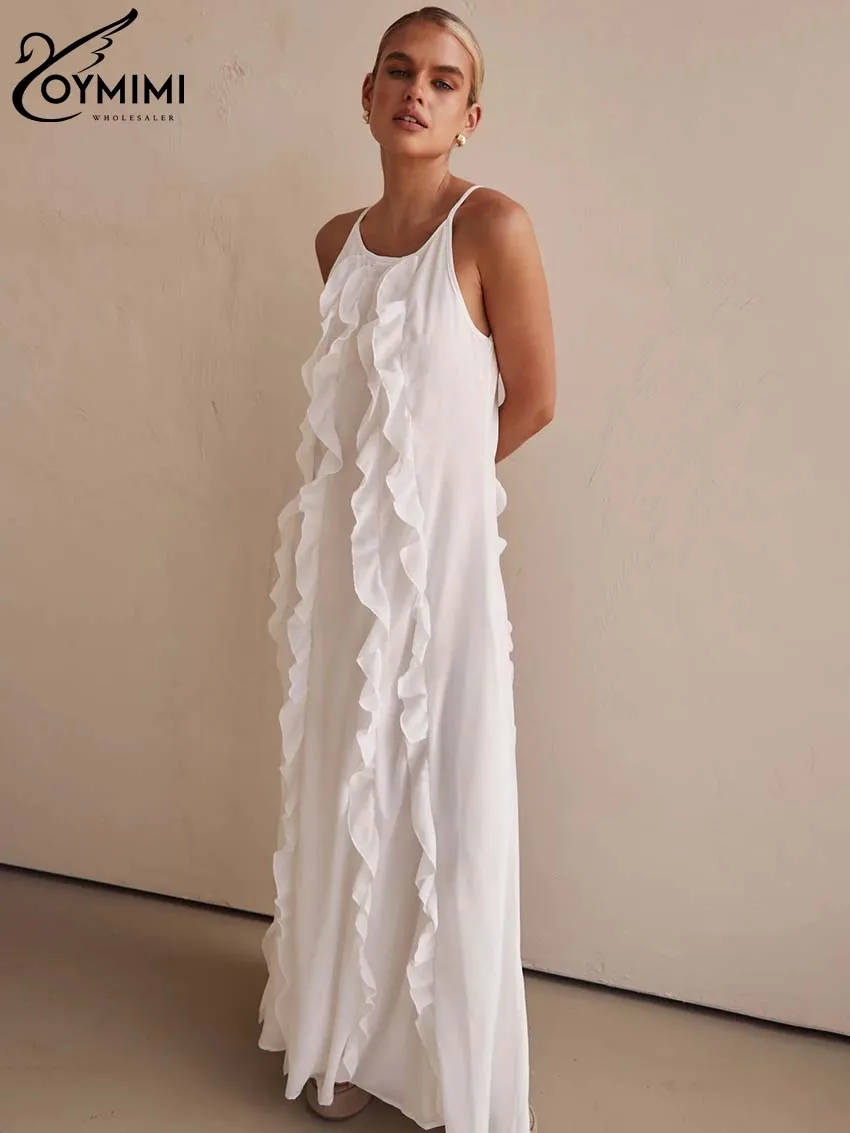 Oymimi повседневные белые платья с рюшами 2024 женские модные без рукавов на тонких