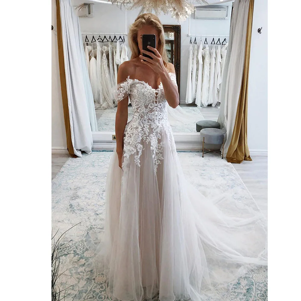 

Doymeny Church Wedding Dresses Bohemian Off Shoulder Lace Appliques Wedding Gown Beach Bridal Dress Tulle 2024 abito da sposa