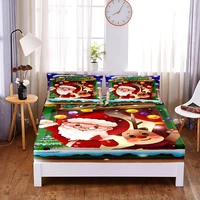 happy christmas digital printed 3pc polyester fitted sheet mattress cover four corners with elastic band bed sheet pillowcase