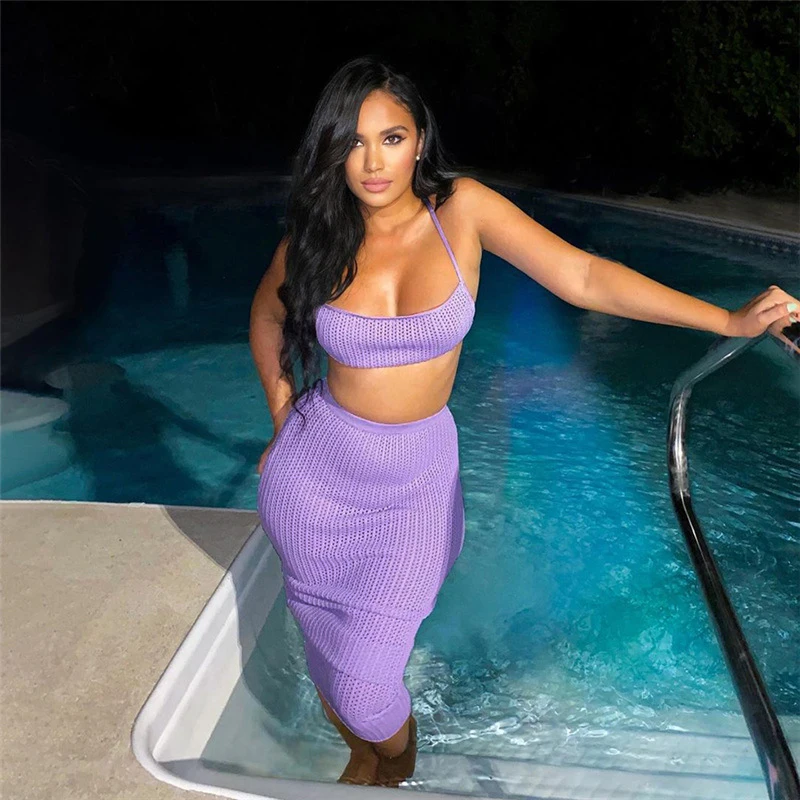 

Women Summer Cardigan For The Beach White Dress Cover Up 2022 New Sexy Hollow Out Knit Sling Vest High Waist Skirt Solid Spandex