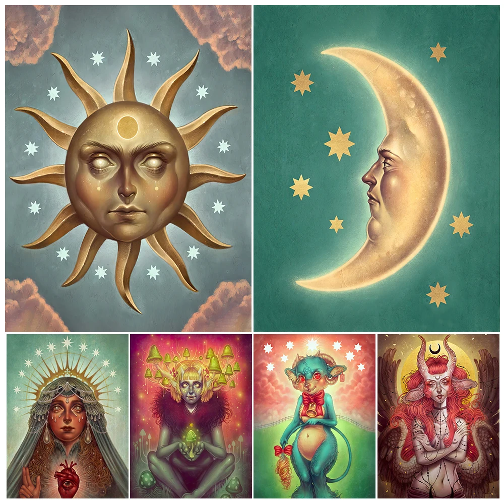 Сурреалистичное Солнце Луна винтажное настенное искусство холст печать гриб дух