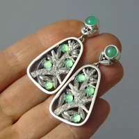 round green faux moonstone earrings women vintage silver metal carved branch drop earrings fashion jewelry