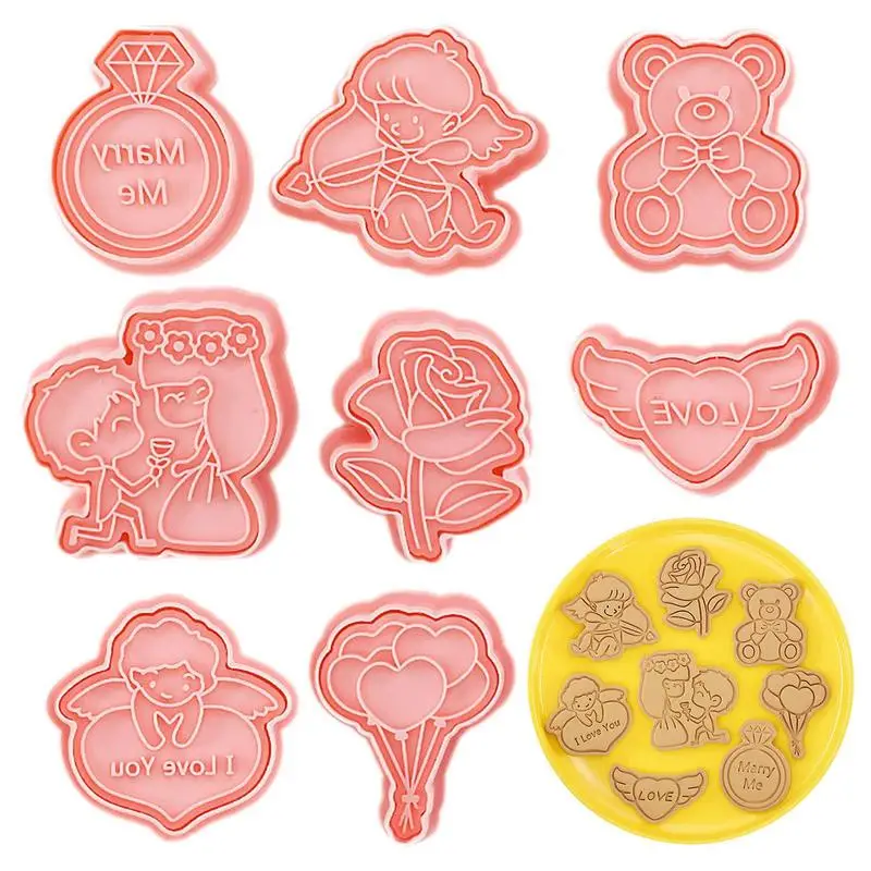 

3D Embossing Cookie Mold 8Pcs Pressable Valentine's Day Biscuit Cutters Set Cartoon Anniversary 3D Biscuit Mold Set Baking Acces